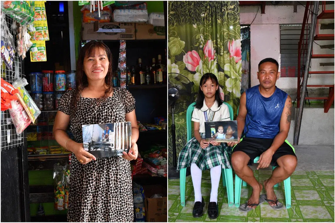 Ms Juvilyn Tanega (left) lost her 10-year-old son after waves from a storm surge swept him away. Bea Joy Sagales, 9, (right) was born on the floor in a makeshift medical centre three days after the typhoon struck. Her father Jobert Sagales missed her birth.