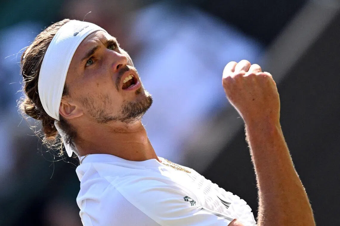 Germany's Alexander Zverev reacts as he plays against US player Taylor Fritz during their men's singles quarter-final tennis match on the tenth day of the 2026 Wimbledon Championships at The All England Lawn Tennis and Croquet Club in Wimbledon, southwest London, on July 8, 2026. (Photo by Kirill KUDRYAVTSEV / AFP) / RESTRICTED TO EDITORIAL USE
