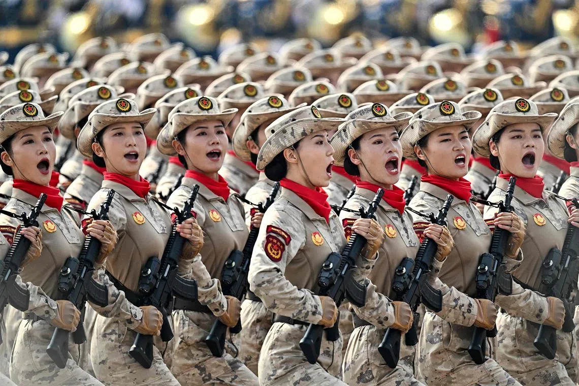 Chinese female troops marching during a military parade marking the 80th anniversary of victory over Japan and the end of World War II, in Beijing’s Tiananmen Square, on Sept 3, 2025. 