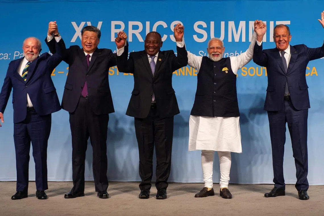 At the Brics Summit in Johannesburg are (from left) Brazil's President Luiz Inacio Lula da Silva, China's President Xi Jinping, South African President Cyril Ramaphosa, Indian Prime Minister Narendra Modi and Russia's Foreign Minister Sergei Lavrov.