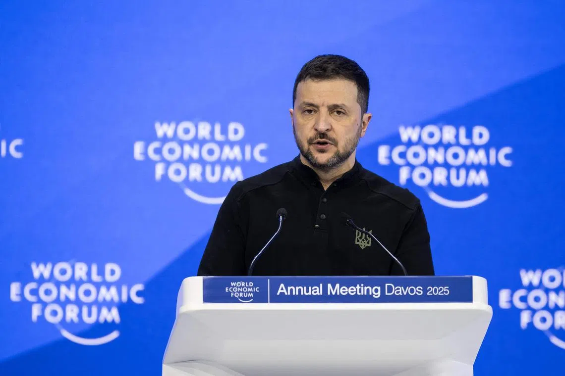 Ukrainian President Volodymyr Zelensky delivering his address at the World Economic Forum in Davos, on Jan 21.