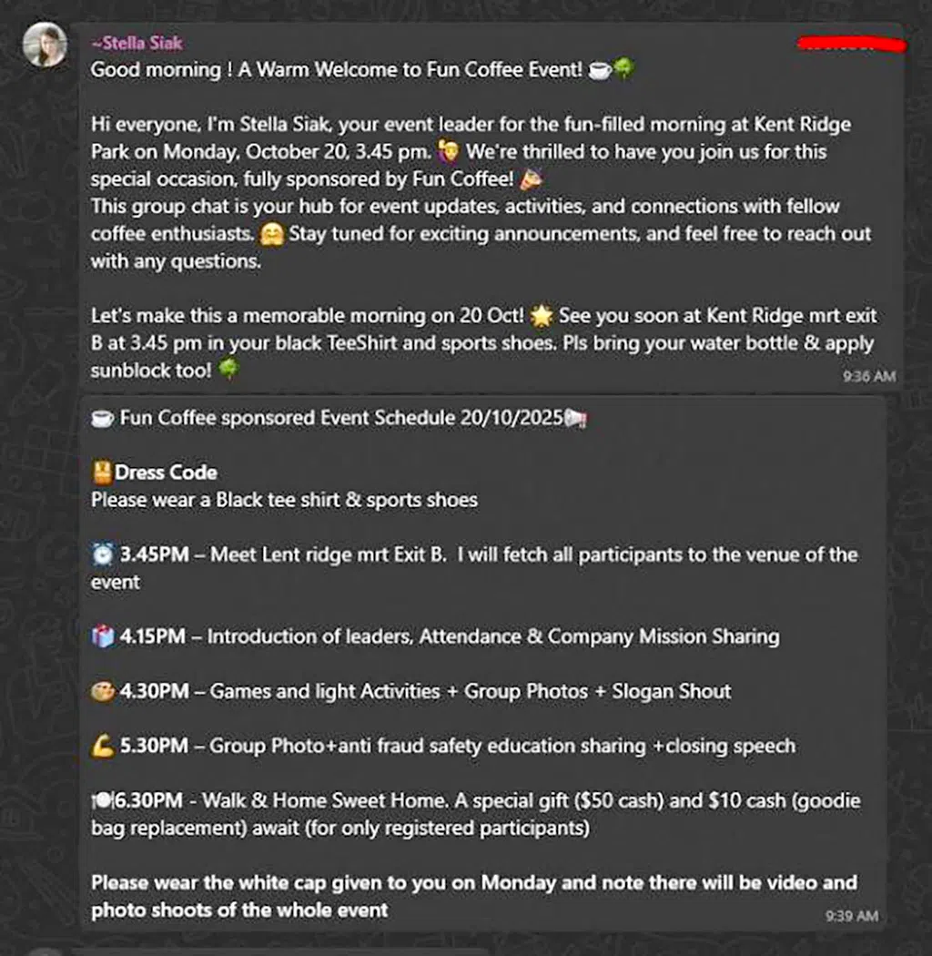 Participants of a Fun Coffee event on Oct 20, 2025, were instructed by a person named “Stella” over text.