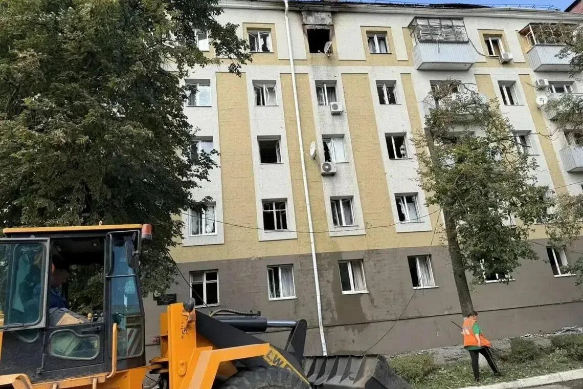 An apartment building in Belgorod, Russia, damaged during an overnight Ukrainian drone attack on Aug 9.