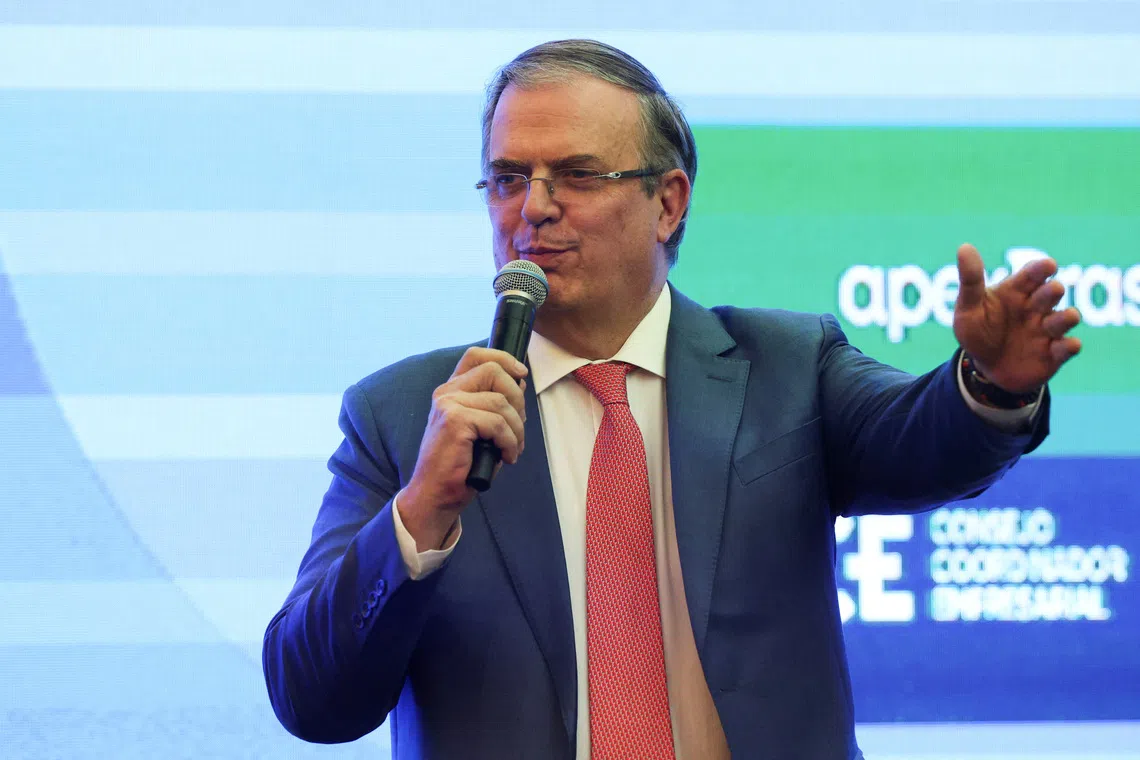 Mexico's Minister of Economy Marcelo Ebrard speaks during the closing ceremony of the Mexico-Brazil Business Forum (Foro Empresarial Mexico-Brasil) at the Foreign Ministry building (SRE) in Mexico City, Mexico, August 27, 2025. REUTERS/Henry Romero/File Photo
