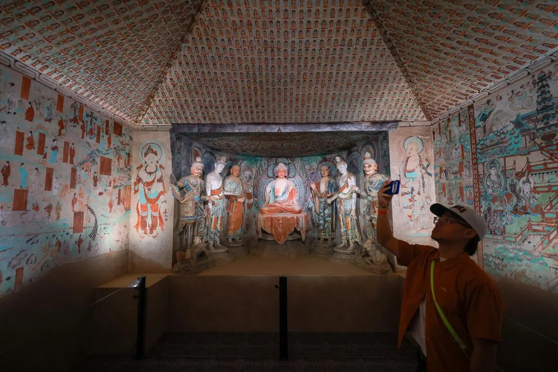 The cluster of seven sculptures in the famous Cave 45 of the Mogao Caves is representative of the elegance of High Tang Dynasty artistic styles.