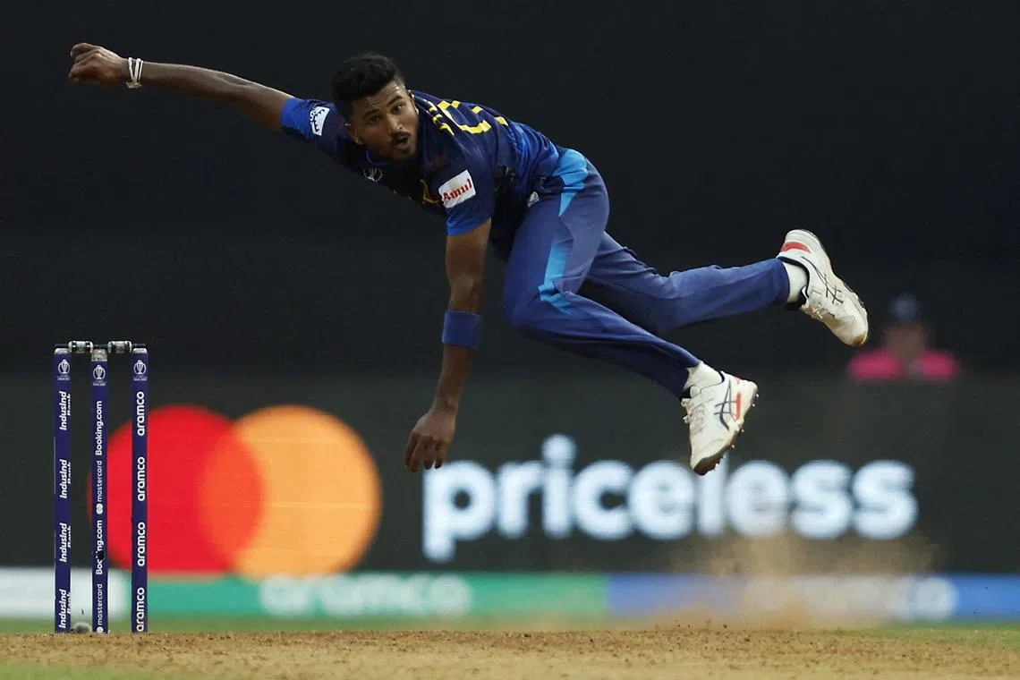 FILE PHOTO: Cricket - ICC Cricket World Cup 2023 - India v Sri Lanka - Wankhede Stadium, Mumbai, India - November 2, 2023 Sri Lanka's Dilshan Madushanka in action REUTERS/Francis Mascarenhas/File Photo