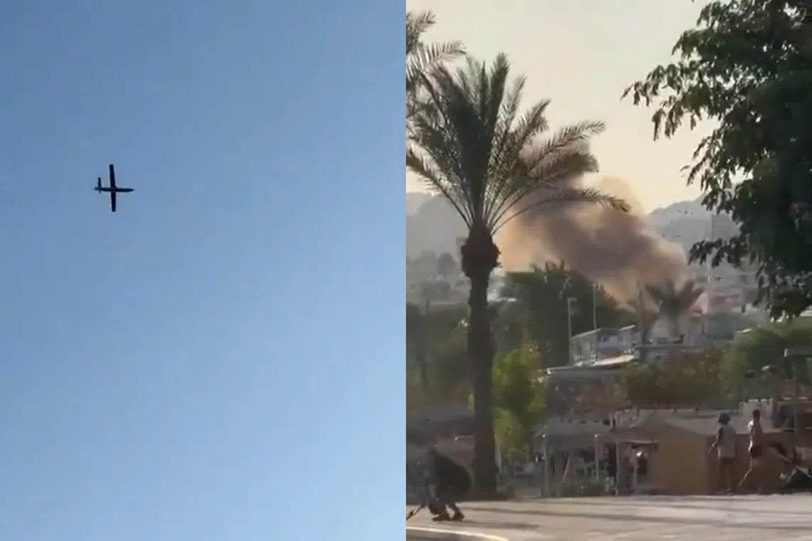 Footage shared on social media showed a drone flying above the resort town before crashing with smoke rising from the impact area.