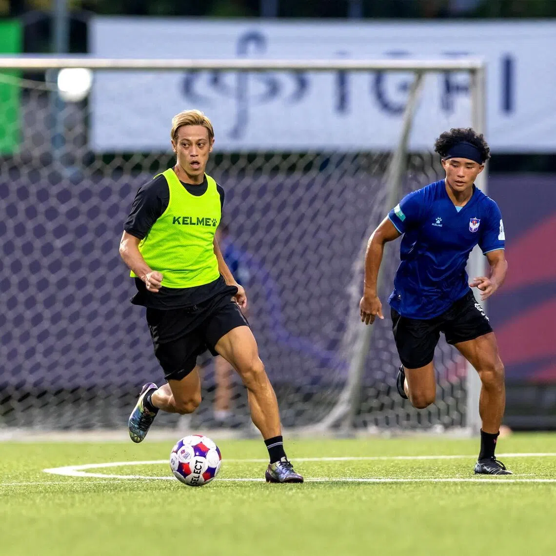 Former Japan international Keisuke Honda (left) in training with Albirex Niigata alongside White Swans forward Shingo Nakano in a session in November 2025. He will join the club, to be renamed FC Jurong, in the 2026-27 season.