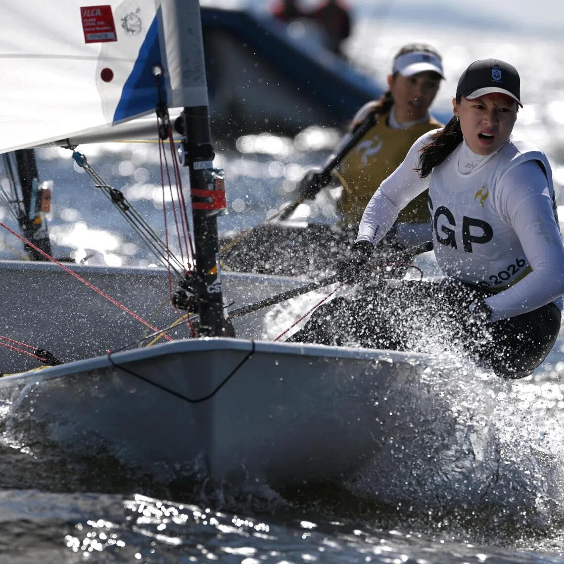 Singapore’s Jania Ang  crossing the finishing line during the Women’s Dinghy ILCA 6 final at the Kaiyoh Yacht Harbour on Oct 2, 2026.