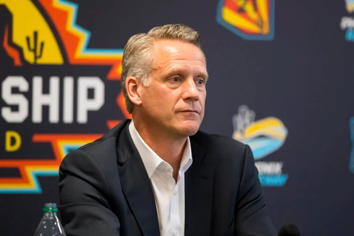 Nov 5, 2021; Avondale, Arizona, USA; NASCAR president Steve Phelps speaks to the media prior to practice for the Cup Series Championship race at Phoenix Raceway. Mandatory Credit: Mark J. Rebilas-USA TODAY Sports