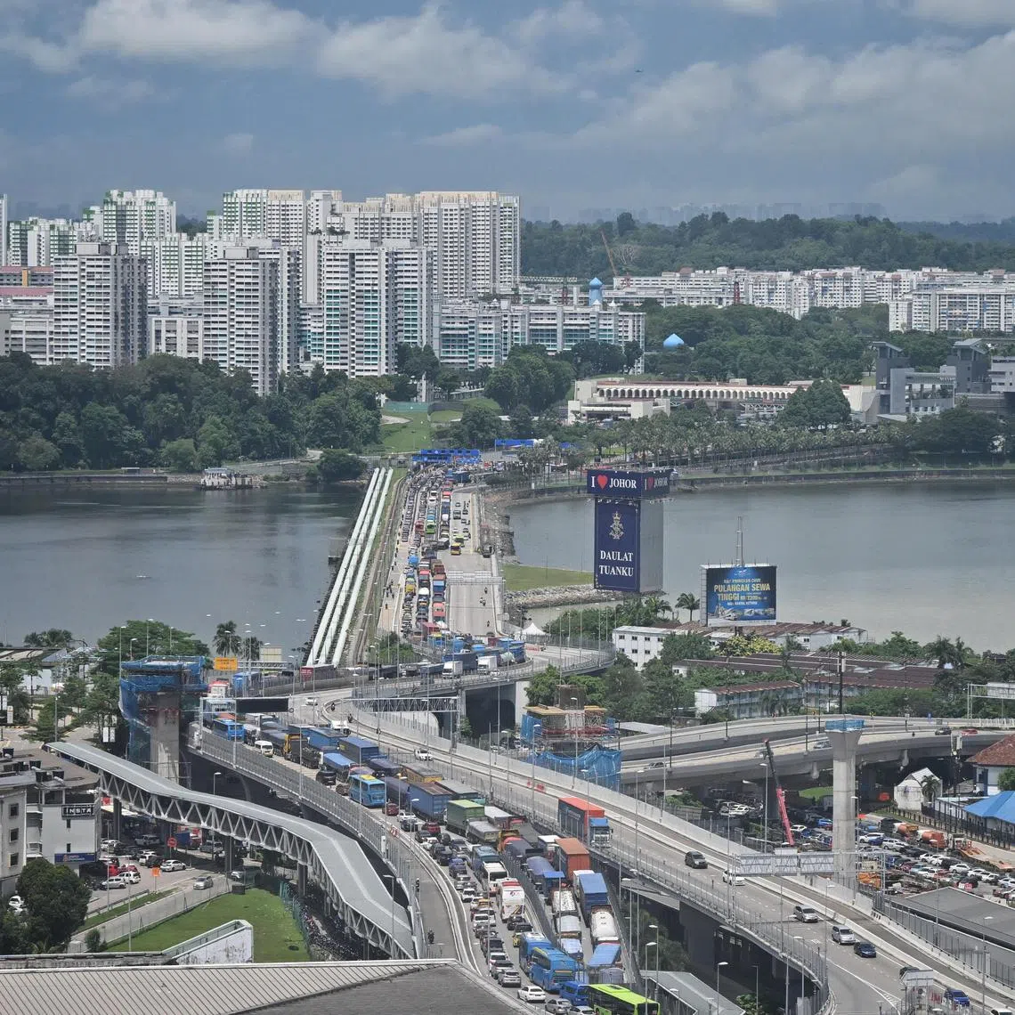 Heavy traffic on the causeway from Johor Bahru to Singapore due to enhanced security measures at the Woodlands checkpoint on May 20, 2024.