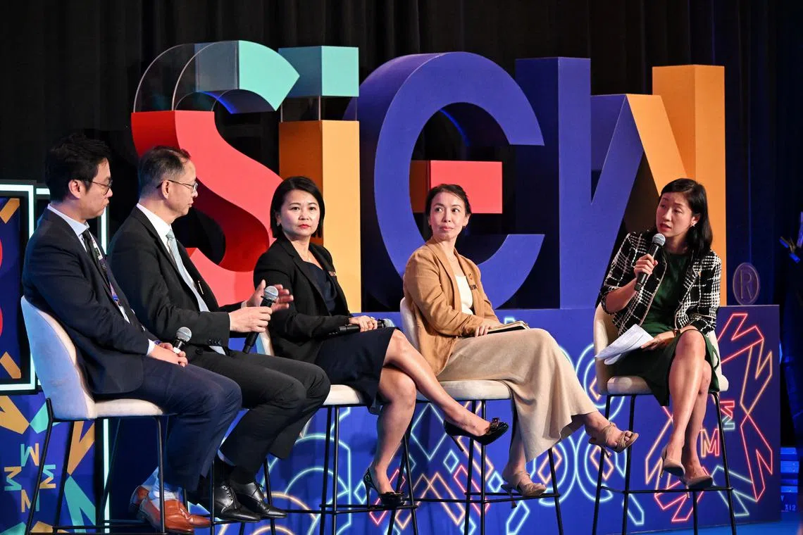 (From right) ST senior columnist Lin Suling moderating a panel discussion with regional director for Asia at international non-governmental organisation SEforALL Jacqueline Lam, PwC’s Asia Pacific infrastructure leader Jennifer Tay, World Bank’s practice manager for energy and extractive global practice Jie Tang and DBS Bank’s global head of energy, renewables and infrastructure Kelvin Wong.