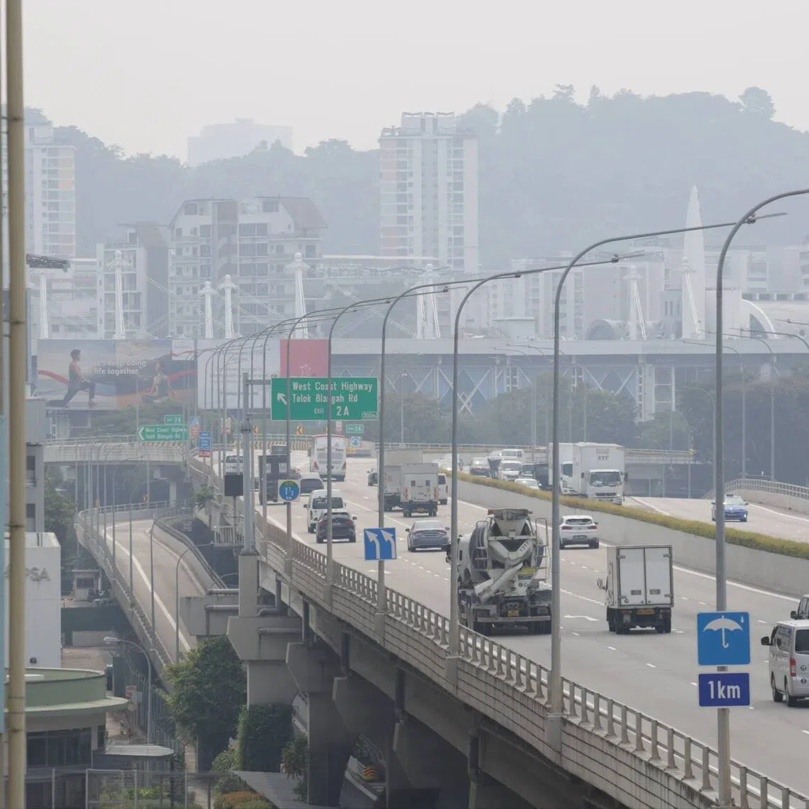 Hazy conditions seen from Tanjong Pagar Distripark towards Bukit Purmei and Mount Faber at 3:02pm on Sept 15. The 24H PSI for Southern Singapore at 3pm was 95.