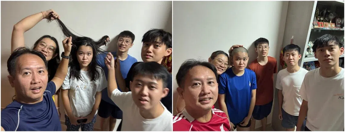 Gerlyn Ng with her parents and three brothers, before and after she shaved her head.