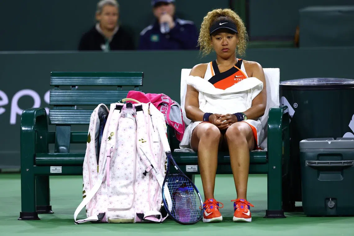 Naomi Osaka of Japan during her straight-sets defeat by Veronika Kudermetova of Russia in their second round match on Day 6 of the BNP Paribas Open at the Indian Wells Tennis Garden on March 12, 2022.