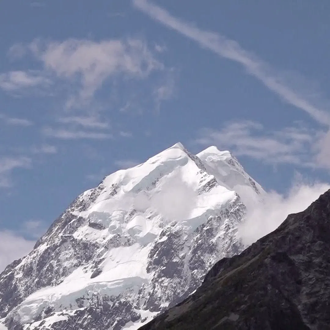Mount Cook, or Aoraki, where two climbers died in Aoraki/Mount Cook National Park, Canterbury Region, New Zealand, November 25, 2025, in this still image taken from a video. TVNZ/via REUTERS