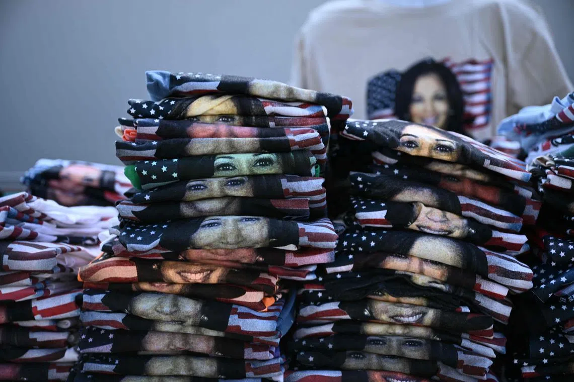 Harris merchandise is displayed ahead of US Vice President and Democratic presidential candidate Kamala Harris's speech on the Ellipse just south of the White House in Washington, DC, on Oct 29, 2024. The Harris-Walz campaign is billing the speech as "a major closing argument" one week before the coming election.