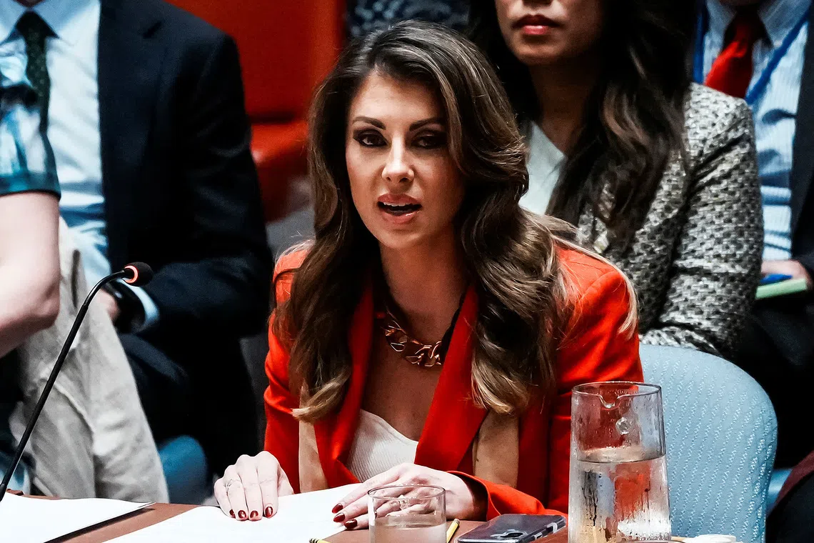 Deputy United States Special Envoy to the Middle East Morgan Ortagus speaks to members of the U.N. Security Council before voting on a draft resolution demanding a ceasefire in Gaza, at U.N. headquarters in New York City, U.S., September 18, 2025. REUTERS/Eduardo Munoz