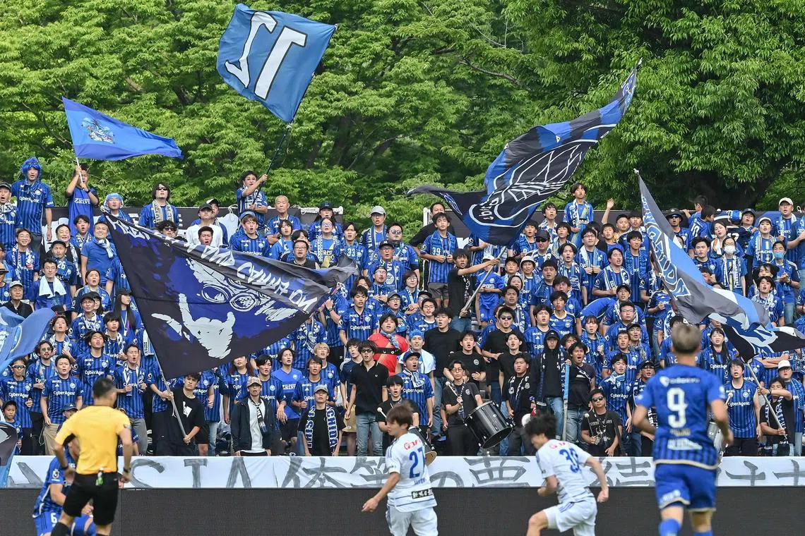 Machida Zelvia supporters waving flags during the match against Albirex Niigata at Machida GION Stadium in western Tokyo. 