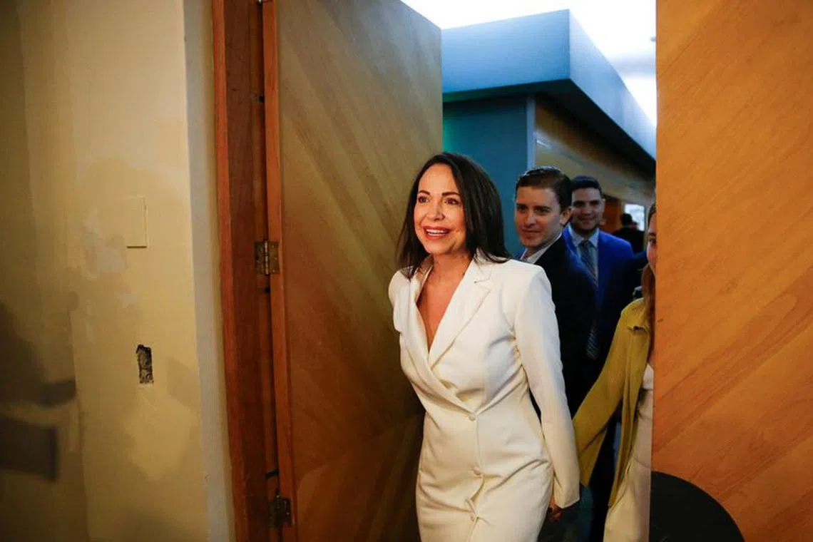 Venezuelan opposition leader Maria Corina Machado attends a event to receive the credential as winner of the October 22 opposition's primary election, in Caracas, Venezuela October 26, 2023. REUTERS/Leonardo Fernandez Viloria/ File Photo