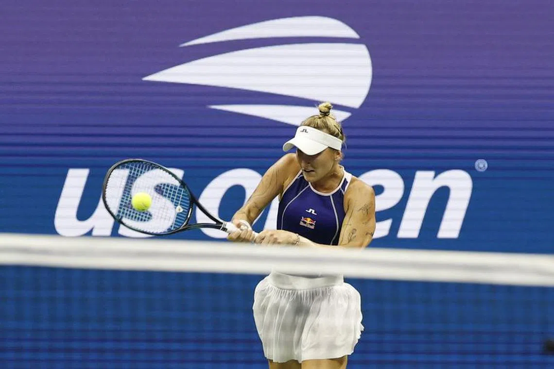 FILE PHOTO: Sep 6, 2023; Flushing, NY, USA; Marketa Vondrousova hits a backhand against Madison Keys of the United States (not pictured) on day ten of the 2023 U.S. Open tennis tournament at USTA Billie Jean King National Tennis Center. Mandatory Credit: Geoff Burke-USA TODAY Sports/File Photo