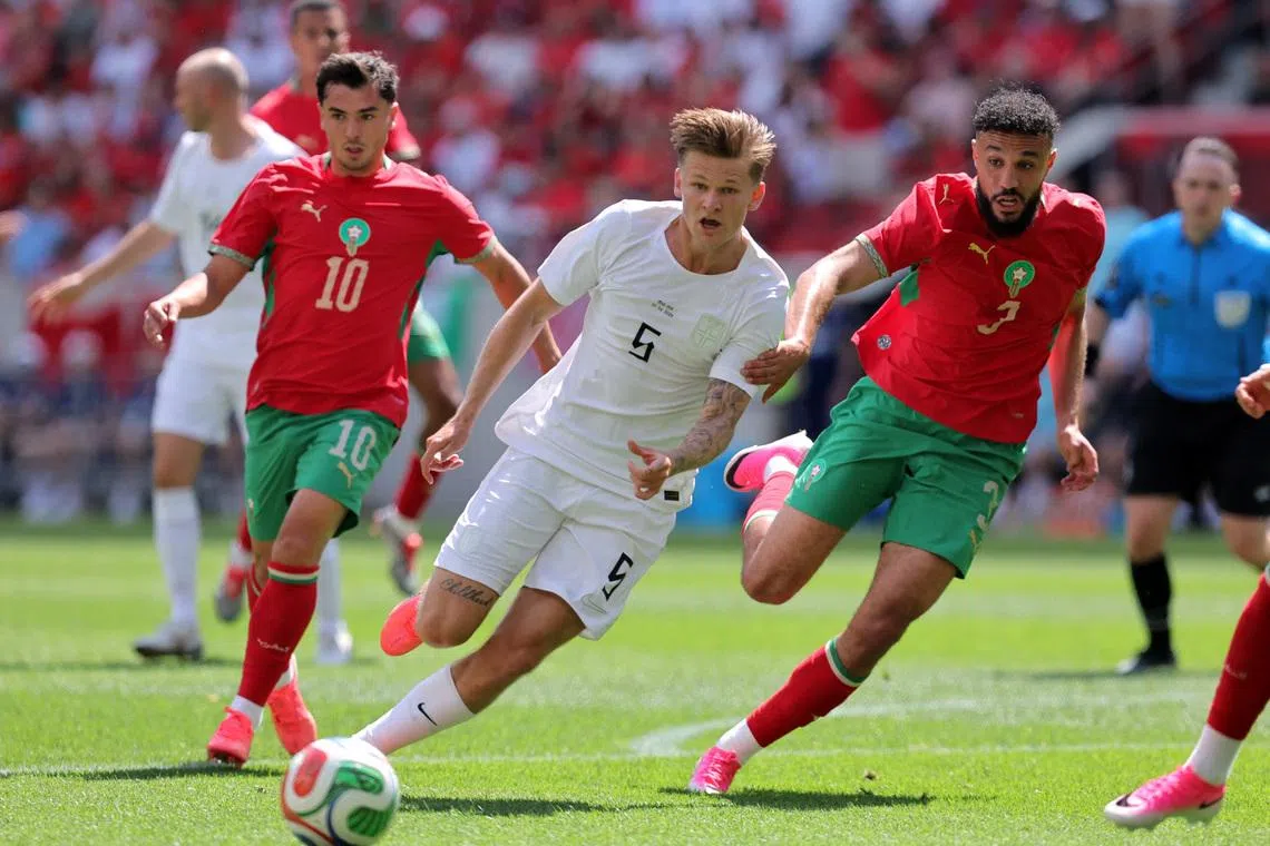 Soccer Football - International Friendly - Morocco v Norway - Sports Illustrated Stadium, Harrison, New Jersey, U.S. - June 7, 2026 Norway's David Moller Wolfe in action with Morocco's Noussair Mazraoui IMAGN IMAGES via Reuters/Brad Penner