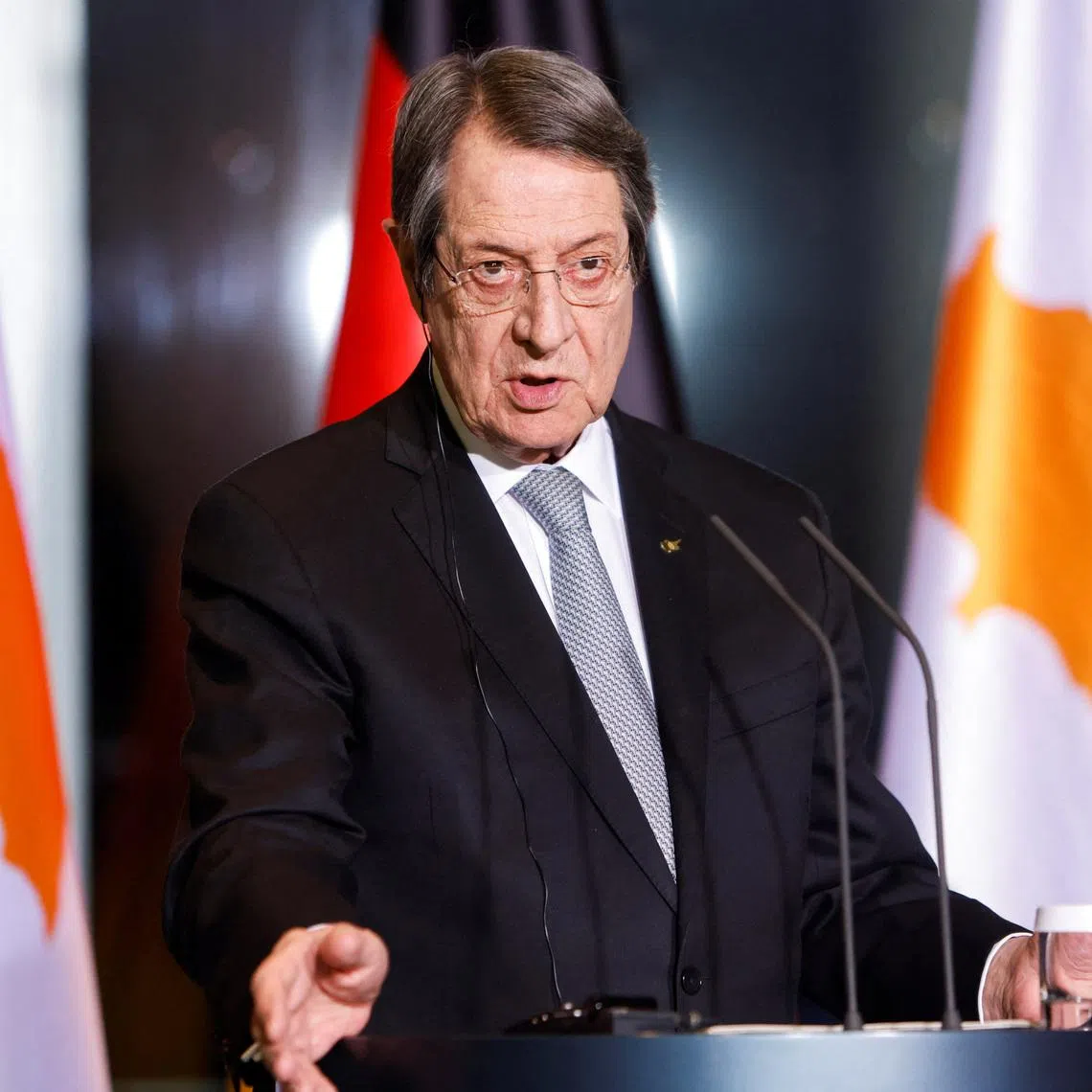 Cypriot President Nikos Anastasiadis speaks during a news conference with German Chancellor Olaf Scholz after their meeting at the Chancellery in Berlin, Germany, November 23, 2022. REUTERS/Michele Tantussi