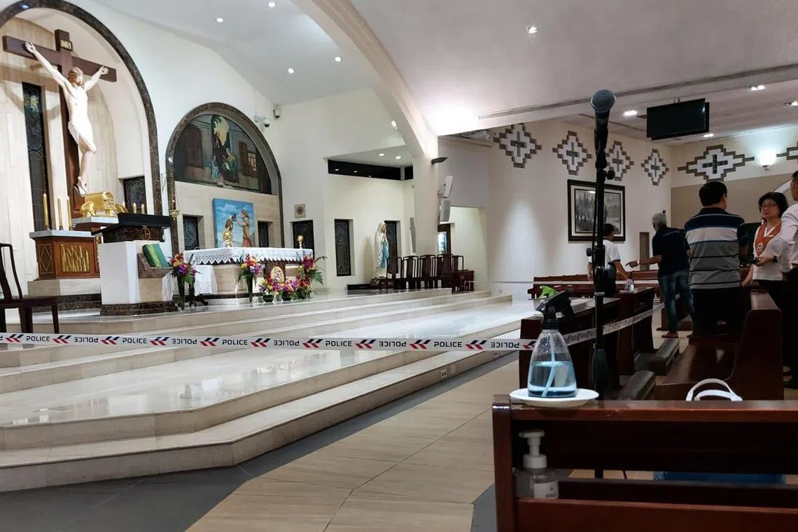 The scene of the stabbing at St Joseph’s Church in Upper Bukit Timah Road in Singapore was cordoned off with police tape, after a knife-wielding man attacked a priest while he was conducting evening mass on Nov 9, 2024