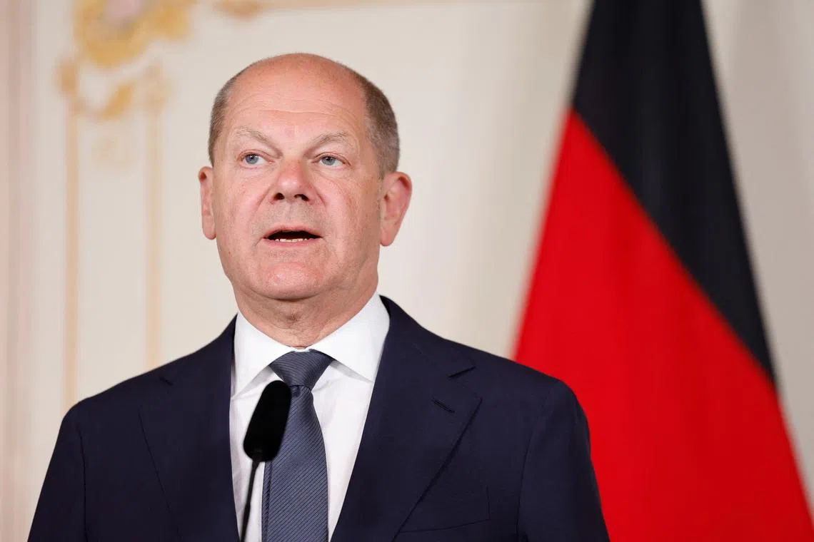 German Chancellor Olaf Scholz speaks during a joint news conference with the Nordic prime ministers on Skeppsholmen in Stockholm, Sweden, May 13, 2024, during a two day long Nordic Summit, on security and competitiveness. Christine Olsson/TT News Agency/via REUTERS