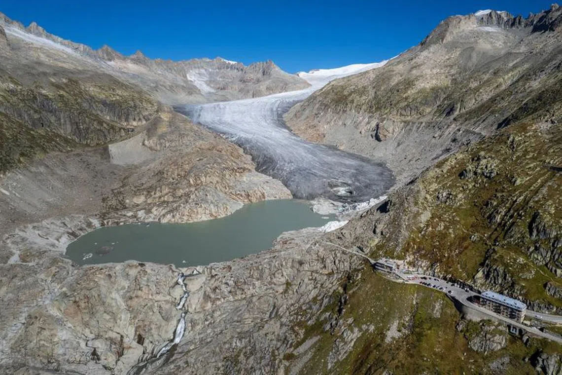 The Belvedere hotel is pictured near the Rhone glacier, amid climate change, in Obergoms, Switzerland, September 26, 2023.  REUTERS/Denis Balibouse