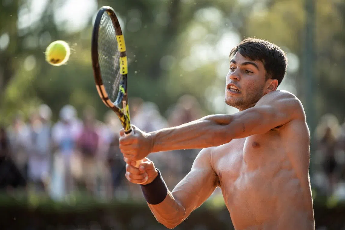 Carlos Alcaraz of Spain in action during a training session on Saturday ahead of the Argentina Open tennis tournament in Buenos Aires. It will be his first tournament this year, having been sidelined for four months by injury.