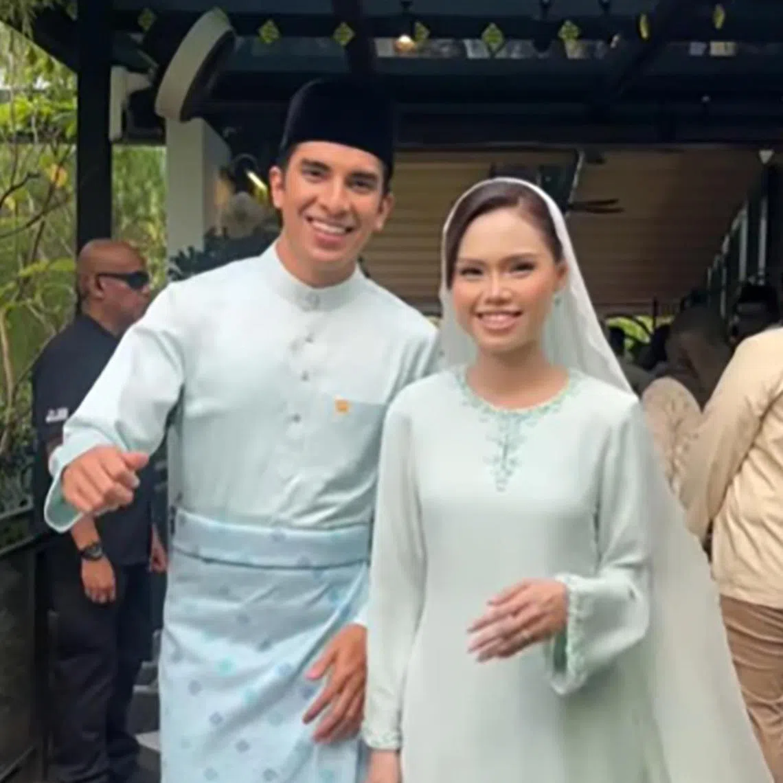 Malaysian politician Syed Saddiq (left) and Malaysian actress Bella Astillah at their engagement ceremony on March 28.
