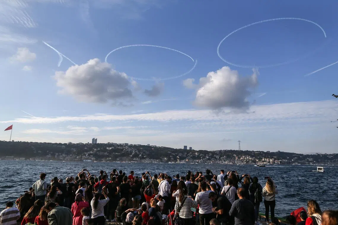 Turkish military pilots of Turkish Star writing '100' in the sky as they perform during celebrations of the 100th anniversary of the Turkish Republic in Istanbul. The 100th anniversary of the proclamation of the Republic of Turkey by Mustafa Kemal Ataturk in 1923, known as Republic Day, took place on 29 October 2023. 