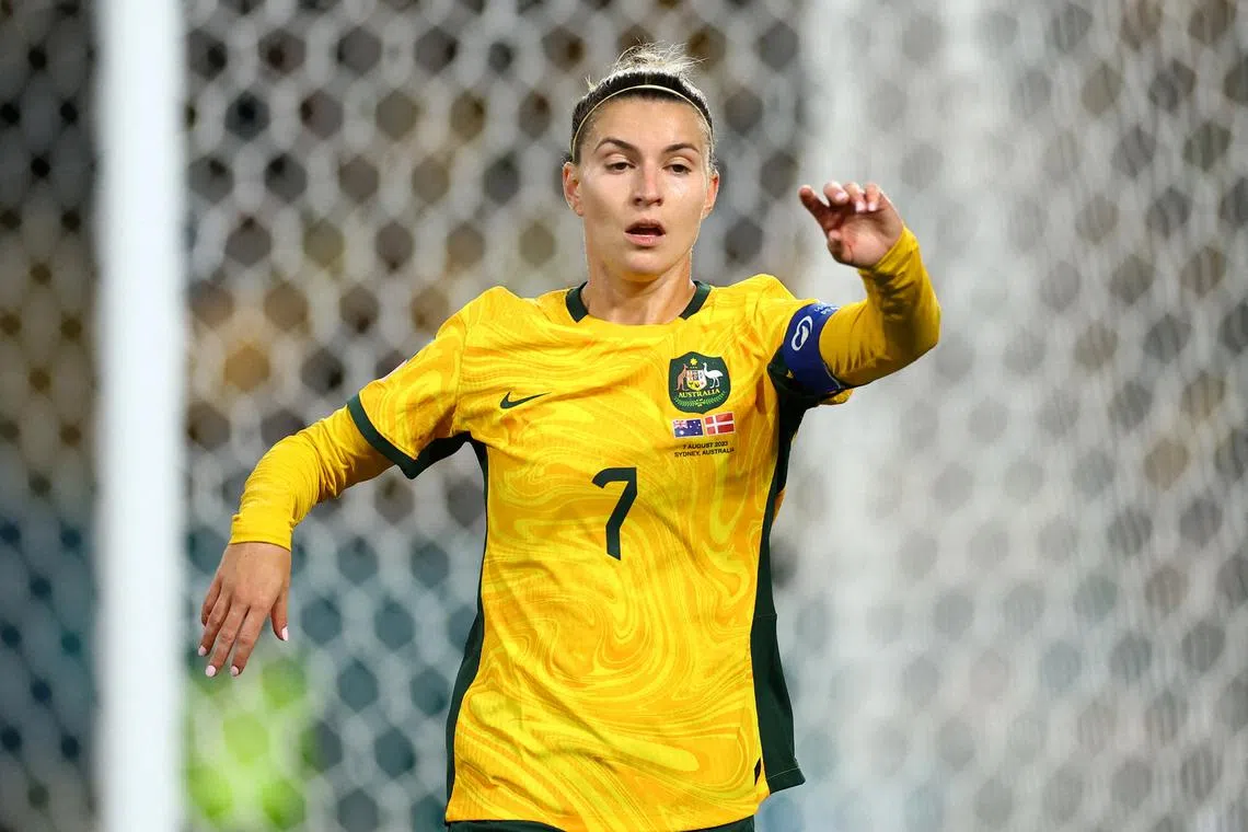FILE PHOTO: Soccer Football - FIFA Women’s World Cup Australia and New Zealand 2023 - Round of 16 - Australia v Denmark - Stadium Australia, Sydney, Australia - August 7, 2023 Australia's Steph Catley reacts REUTERS/Carl Recine/File Photo