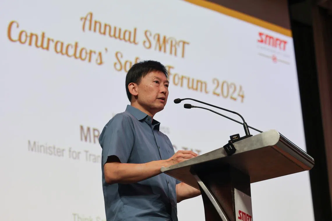 Transport Minister Chee Hong Tat speaking at the SMRT Contractors’ Safety Forum on Aug 20.