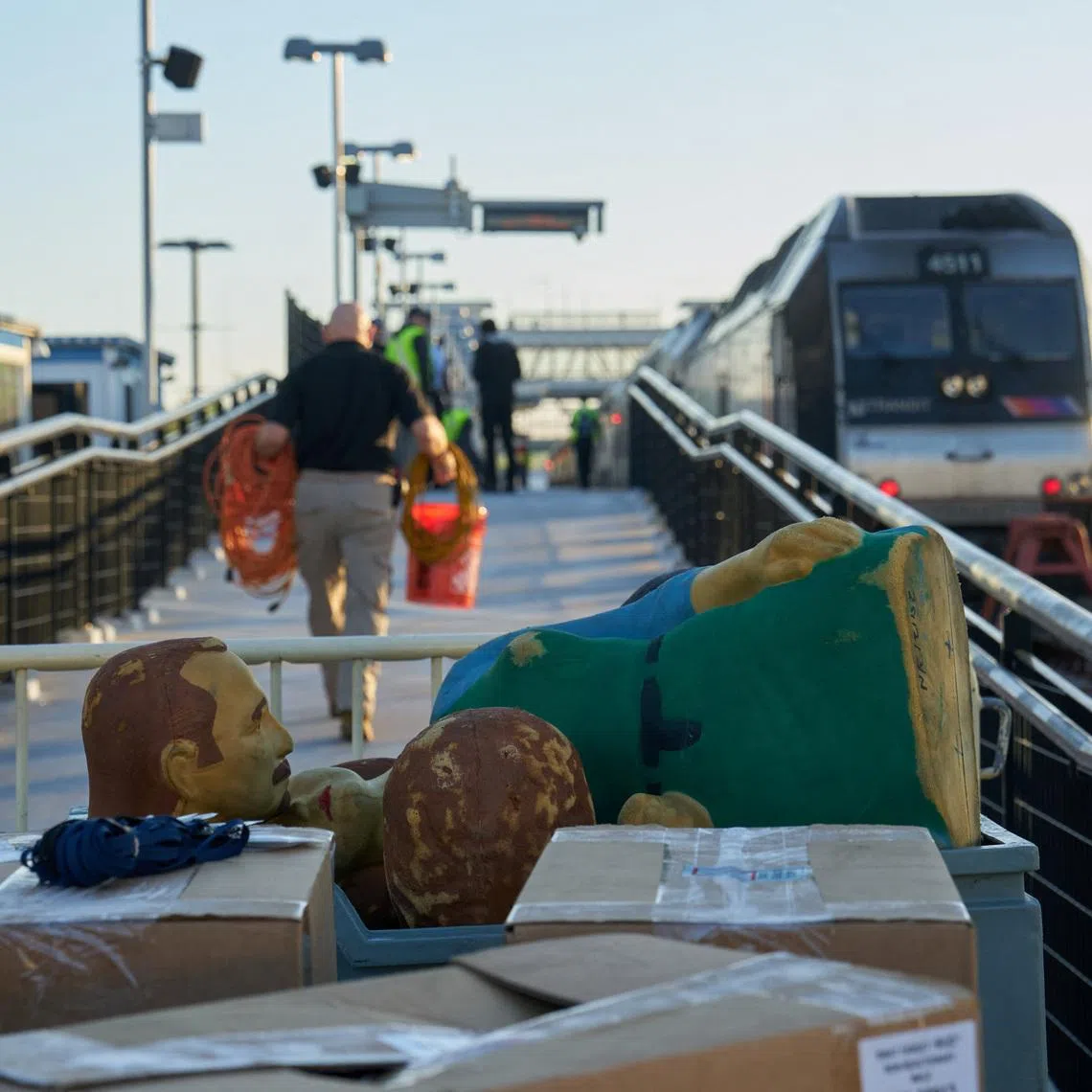 FILE PHOTO: First aid training mannequins are displayed during an Emergency Response Drill and training exercise at the NJ Transit Meadowlands Rail Line at MetLife Stadium, ahead of the FIFA World Cup 2026, in East Rutherford, New Jersey, U.S., April 18, 2026. REUTERS/Bing Guan/File Photo