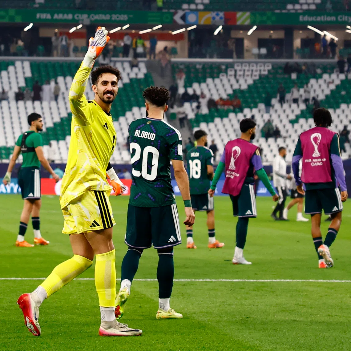 Soccer Football - FIFA Arab Cup - Qatar 2025 - Group B - Saudi Arabia v Oman - Education City Stadium, Al Rayyan, Qatar - December 2, 2025 Saudi Arabia's Nawaf Al Aqidi celebrates after the match REUTERS/Rula Rouhana