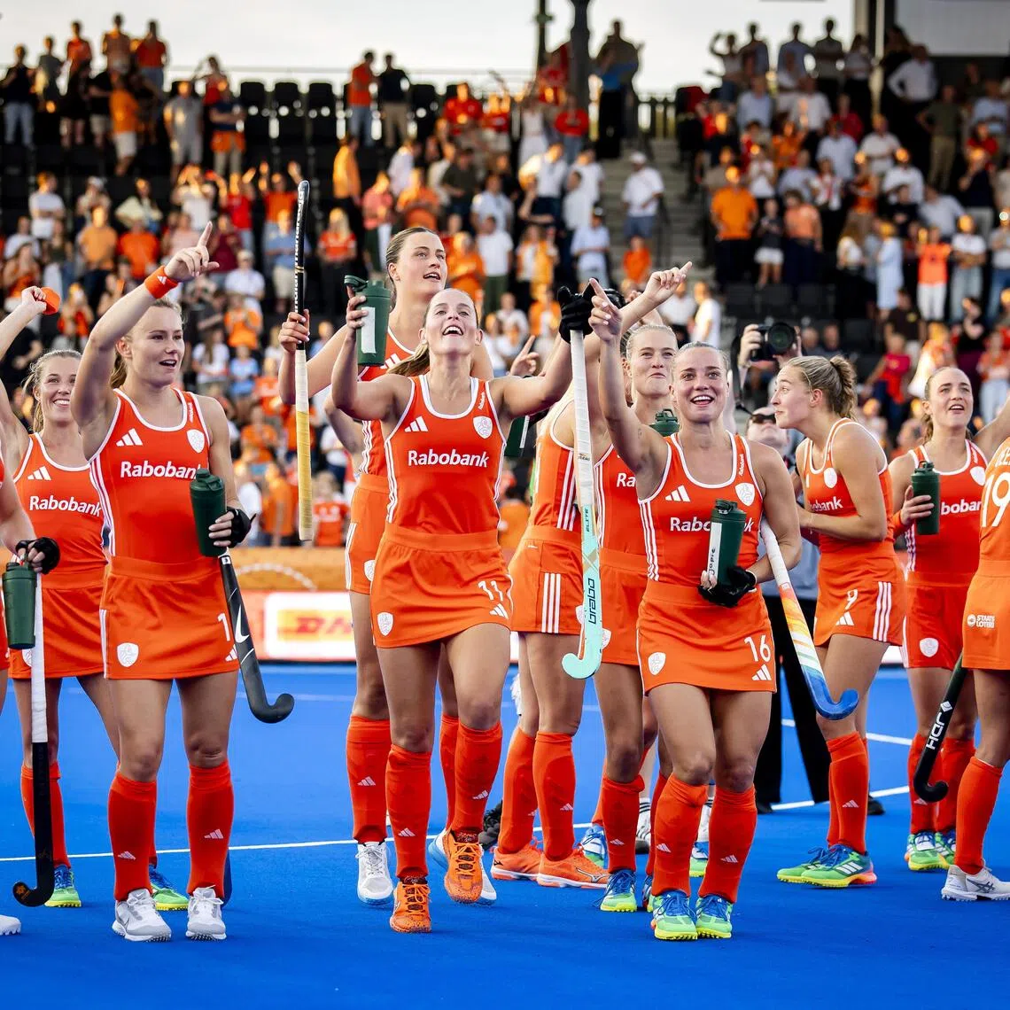 Dutch players celebrate victory over Belgium in the Hockey World Cup semi-final at the Wagener Stadium, Amstelveen in the Netherlands on Aug 27, 2026.