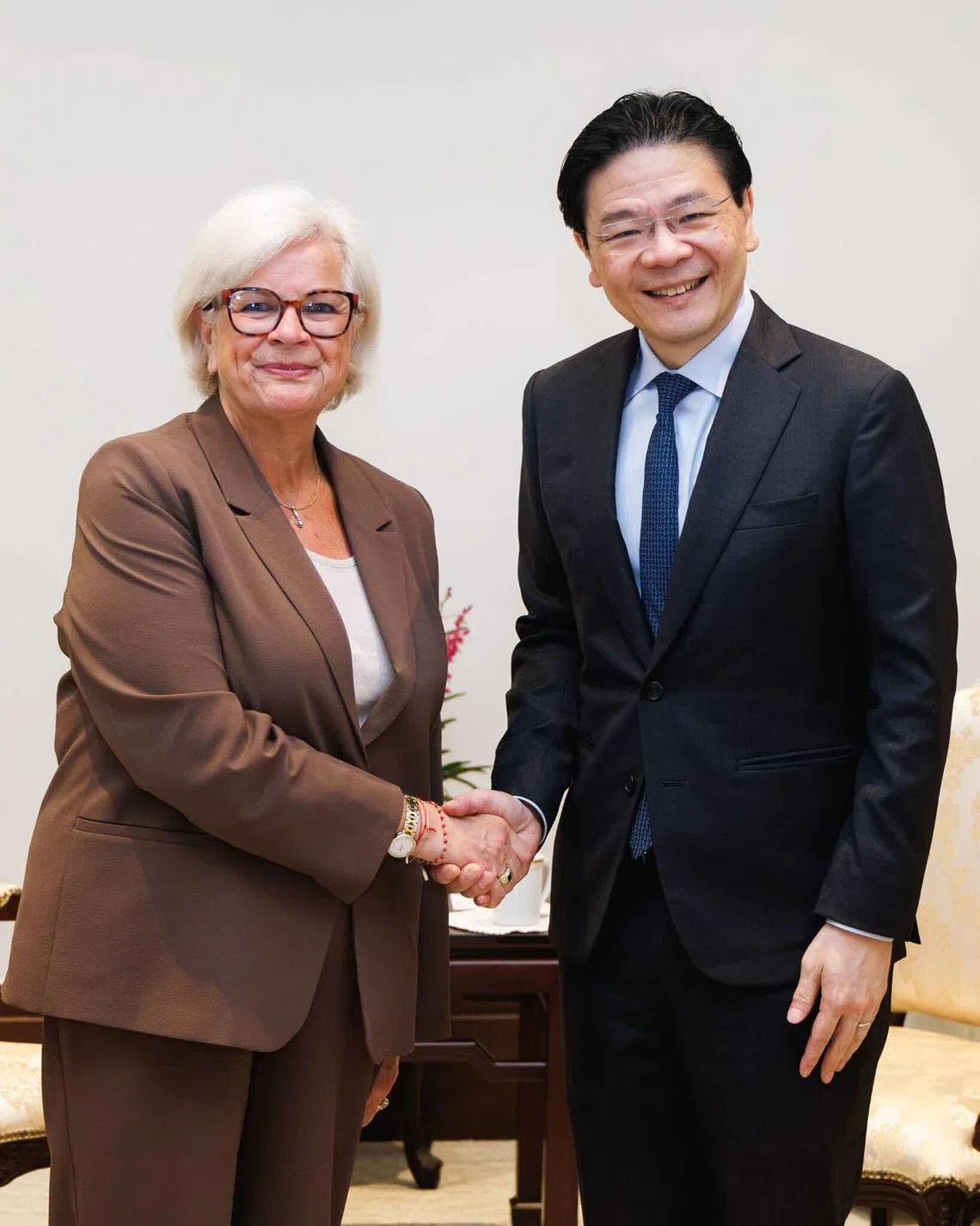 Prime Minister Lawrence Wong with French Minister for the Armed Forces and Veterans Catherine Vautrin at the Istana on May 29.