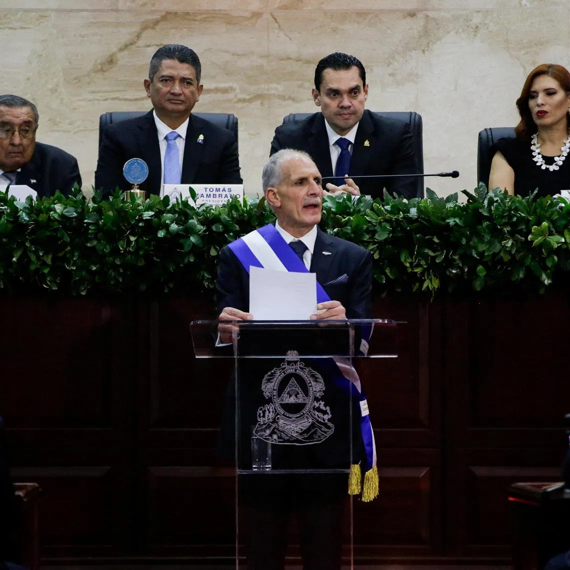 Honduras' new President Nasry Asfura delivers a speech during his swearing in ceremony at the Congress building in Tegucigalpa, Honduras, January 27, 2026. REUTERS/Leonel Estrada