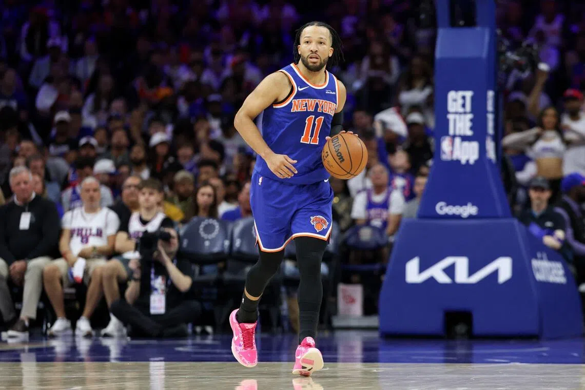 Jalen Brunson of the New York Knicks dribbles the ball up the court against the Philadelphia 76ers during the third quarter in Game 4 of the second round of the NBA play-offs.