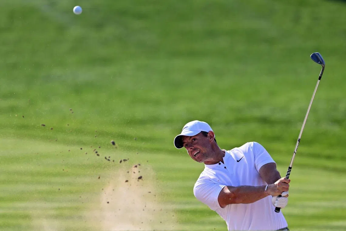 Rory McIlroy of Northern Ireland playing a shot during the final round of the Dubai Desert Classic in January 2024.