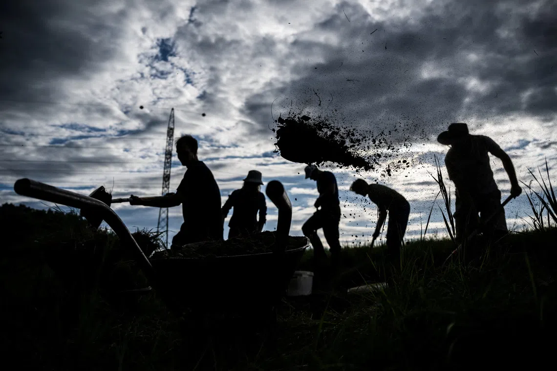 Members of a water conservation group, Water Guardians Movement, work to retain water in the landscape near Budapest, Hungary, June 12, 2026. Volunteers are turning out in their hundreds to help the country build structures to retain rainwater and restore wetlands, techniques that mark a sharp turnaround from the past, when programmes focused on managing floods, not droughts.  REUTERS/Marton Monus