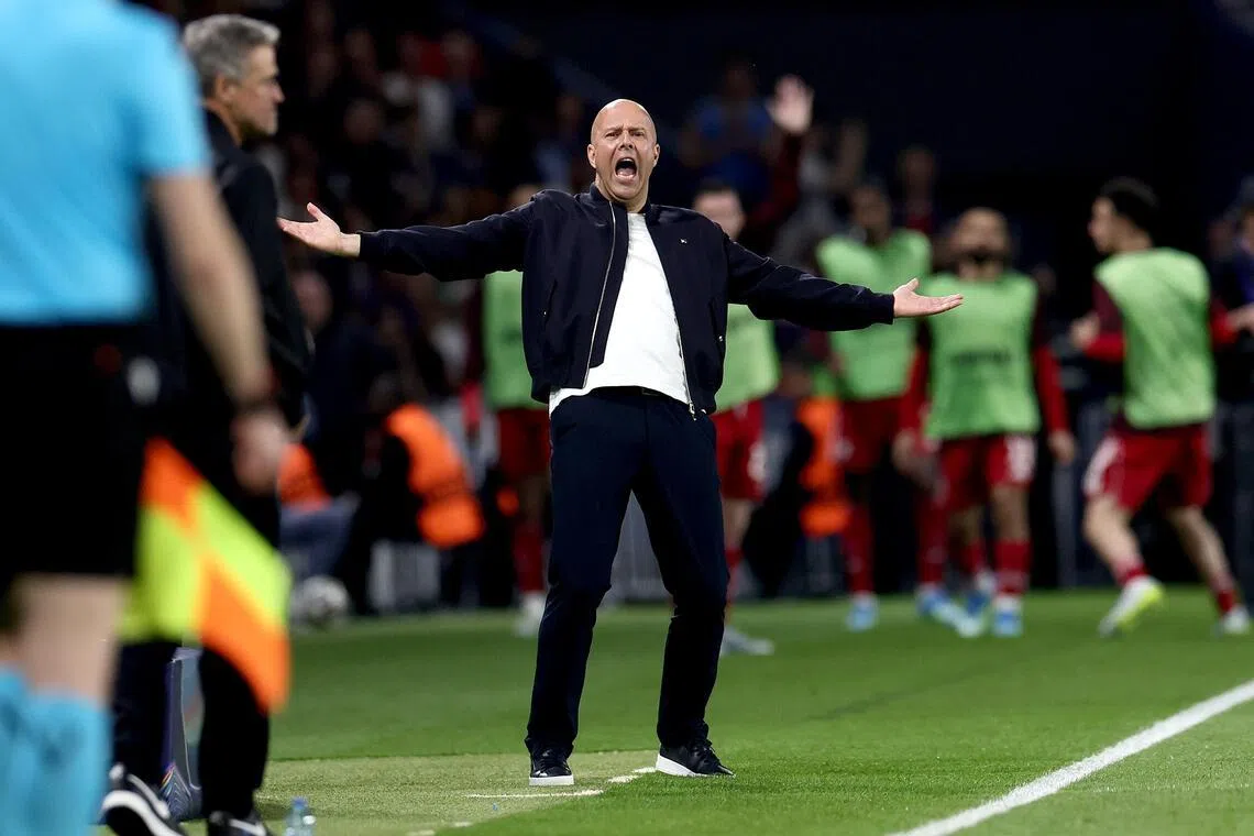 Liverpool manager Arne Slot gesturing on the touchline during the 2-0 Champions League quarter-final, first-leg defeat by Paris Saint-Germain at the Parc des Princes on April 8, 2026.