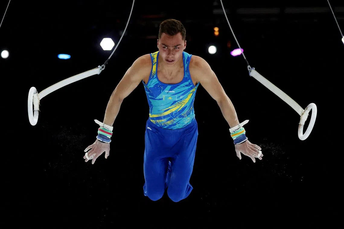 Kazakhstan's Milad Karimi in action on the rings during the men's individual all-around final at the 2023 World Artistic Gymnastics Championships in Sportpaleis, Antwerp, Belgium on Oct 5. 