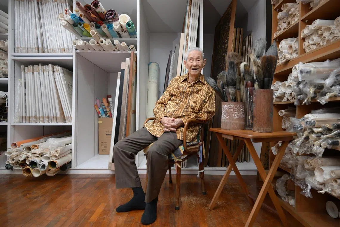 shlim23/ST20241016_202464700415/Ng Sor Luan/103-year-old artist Lim Tze Peng at his house and studio ahead of a major survey at the National Gallery Singapore.