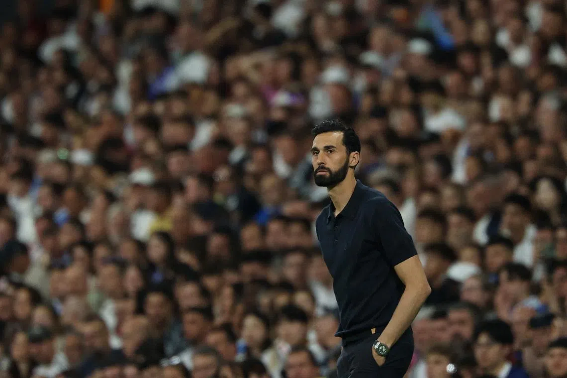 Soccer Football - LaLiga - Real Madrid v Athletic Bilbao - Santiago Bernabeu, Madrid, Spain - May 23, 2026 Real Madrid coach Alvaro Arbeloa reacts REUTERS/Kacper Pempel