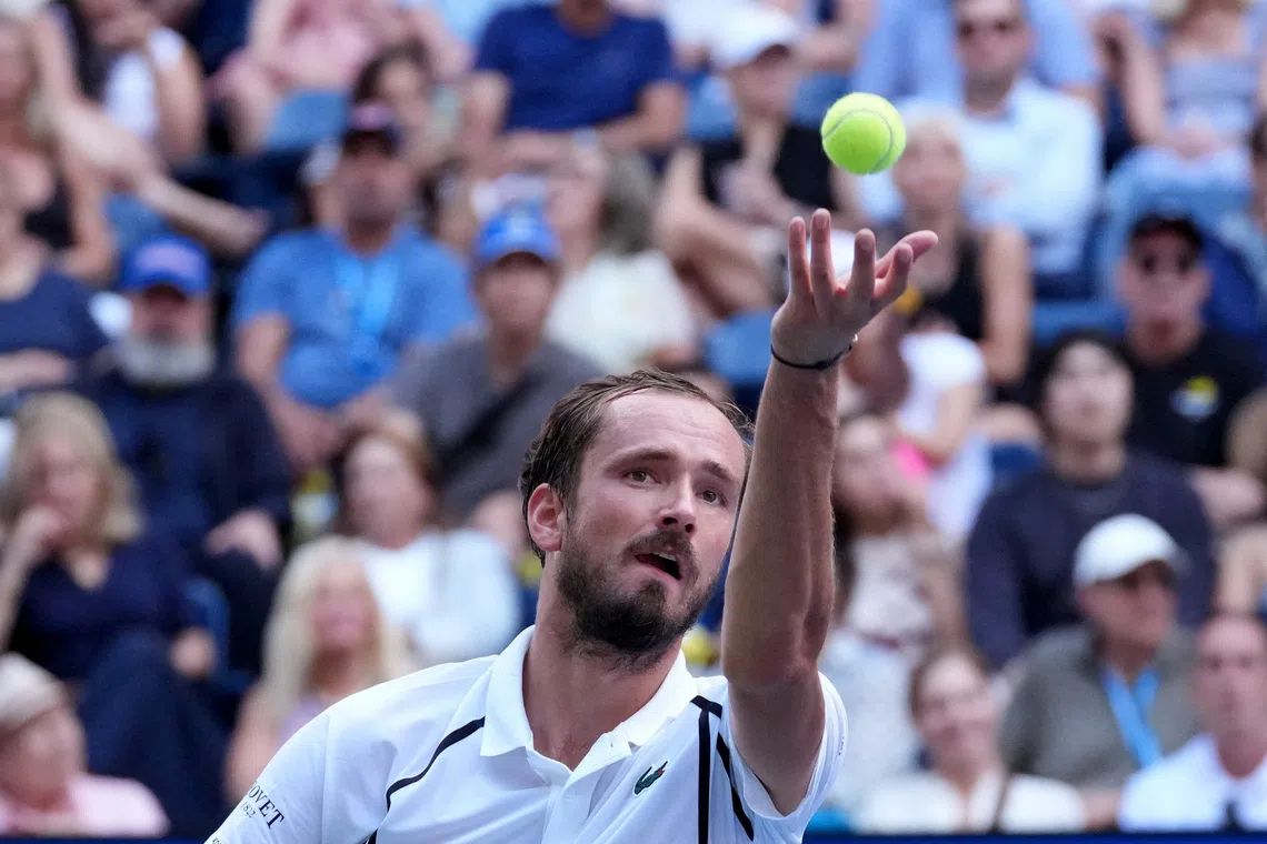 FILE PHOTO: Tennis - U.S. Open - Flushing Meadows, New York, United States - September 6, 2026 Russia's Daniil Medvedev in action during his round of 16 match against Frances Tiafoe of the U.S. IMAGN IMAGES via Reuters/Jerry Lai/File Photo