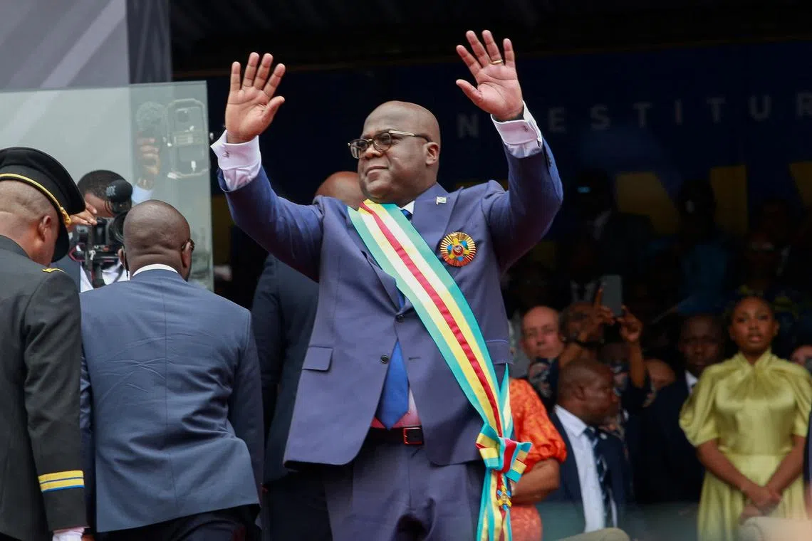 FILE PHOTO: Democratic Republic of Congo President Felix Tshisekedi  waves as he arrives to be sworn in for a second term as a president during the inauguration ceremony at  Martyrs Stadium in Kinshasa, Democratic Republic of Congo January 20, 2024. REUTERS/Justin Makangara/File Photo