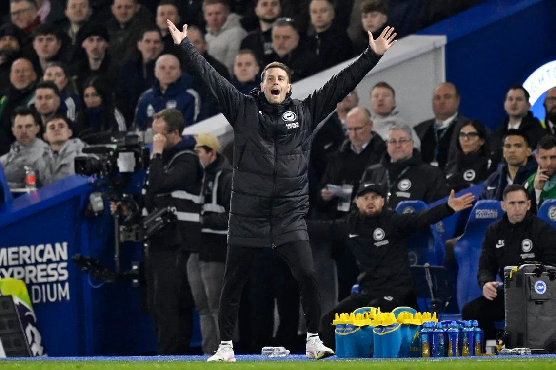 Soccer Football - Premier League - Brighton & Hove Albion v Arsenal - The American Express Community Stadium, Brighton, Britain - March 4, 2026 Brighton & Hove Albion manager Fabian Hurzeler reacts REUTERS/Tony O Brien